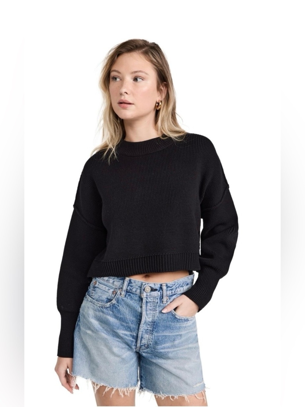 Free People Black Ribbed Cropped Relaxed Fit Slouchy Boho Fall Winter Sweater